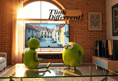 "In a stylish Italian apartment, an anthropomorphic green apple with expressive eyes, arms, and legs sits on a sleek glass coffee table, watching a high-tech OLED TV mounted seamlessly on the wall. The TV plays an Apple computer commercial in vivid 4K, featuring futuristic product designs. Warm sunlight filters through a large arched window, casting a golden glow over the room and revealing a picturesque piazza with cobblestone streets and terracotta rooftops.
The green apple leans forward, its eyes reflecting the vibrant colors on the screen. Subtle mechanical details in its limbs add a techy vibe to its organic form. Above the TV, a beautifully crafted cardboard sign reads 'Think Different!' in Renaissance-style calligraphy with a modern twist. The sign is laser-cut with intricate designs and backlit by soft LEDs, casting elegant shadows on the wall.
The room combines classic Italian charm with advanced technology. Exposed brick walls contrast with sleek digital art frames that rotate images in real-time. Hidden smart lighting adjusts to the scene, creating a dynamic atmosphere. A voice-activated espresso machine hums in the corner, filling the air with the rich scent of freshly brewed coffee. The glossy green apple, with its mix of organic and tech-inspired features, fits seamlessly into this blend of timeless Italian aesthetics and futuristic innovation."