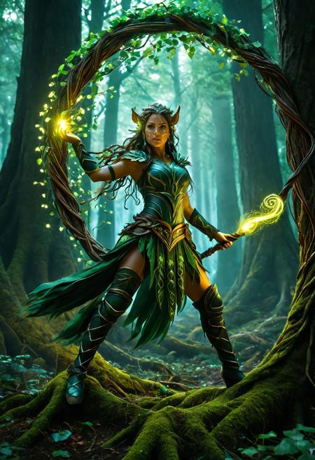 Dryad, forest warrior, bark armor, vine-whip in hand, glowing magical markings, roots rising from the ground, dynamic pose, enchanted forest battleground, swirling leaves, cinematic lighting, action fantasy, strong expression, ultra detailed, magical effects, intricate design, masterpiece quality