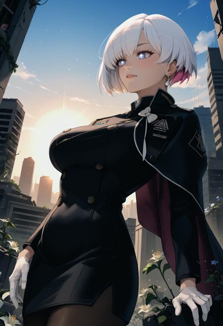 liliweissx, white hair, colored inner hair, short hair, blue eyes, symbol-shaped pupils earrings, military uniform, long sleeves, black sleeves, black dress, pencil skirt, side cape, white bow, black pantyhose, [white gloves:4], ankle boots