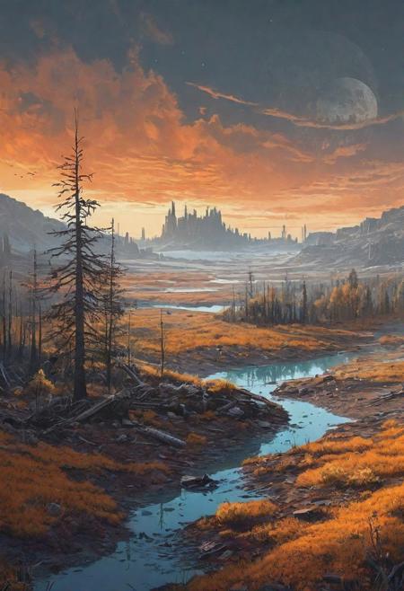 epic landscape, a post-apocalyptic world, seasons, flat vector illustration, different colour palette, muted colors, complex composition, intricate details, hightly detailed, improvisation, by Nikolai Dubovskoy, by Michael Klodt