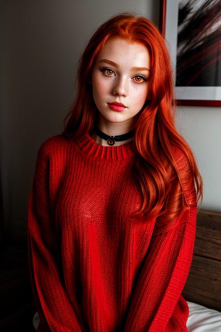 raw photo, (18yo redhead girl:1.2), makeup, graphic eyeliner, rouge, (choker:0.9), realistic skin texture, oversize knit sweater, (red:0.8), softcore, warm lighting, cosy atmosphere, instagram style, <lora:more_details:1>