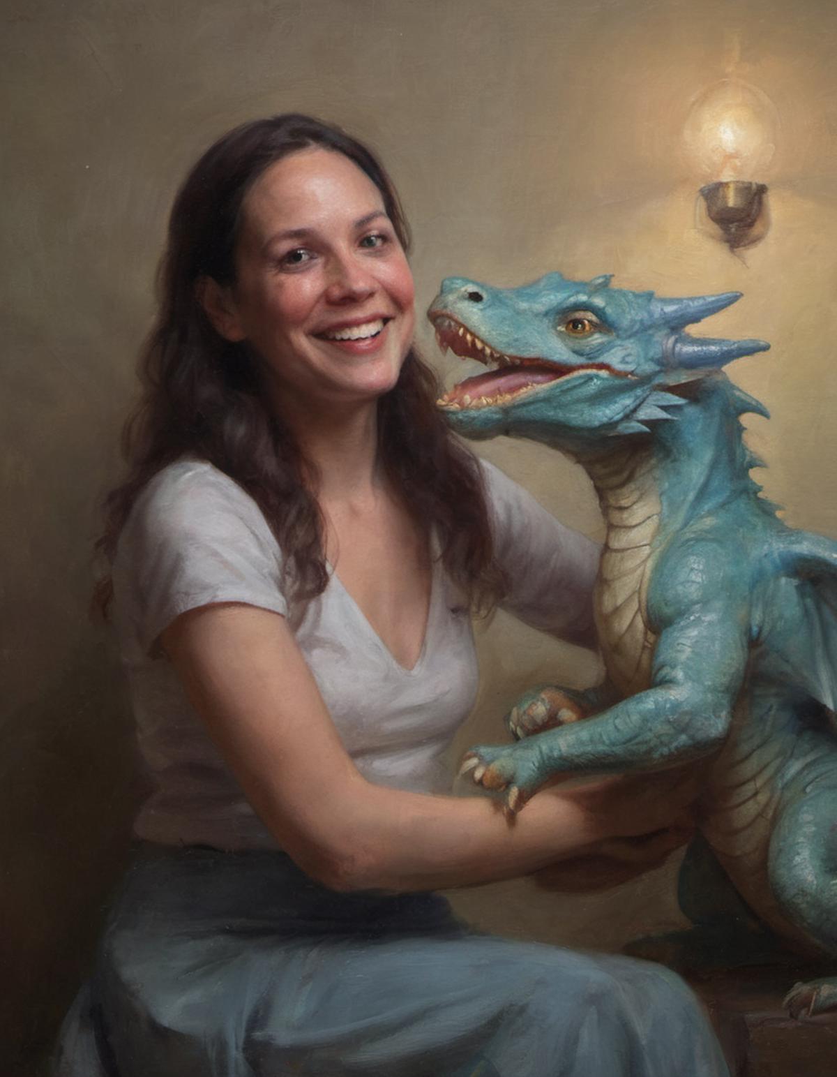 A woman holding a blue dragon sculpture in her lap.