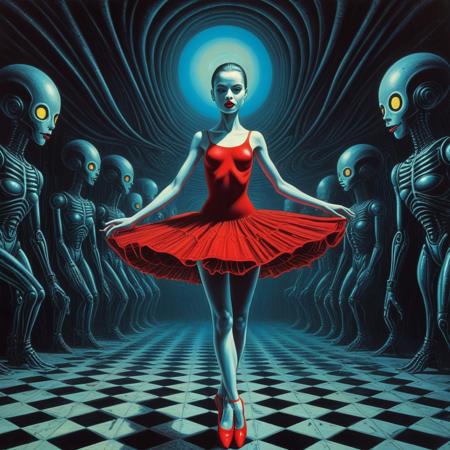 Surrealism. Spaceship, Close-up, Beautiful, cute, short, very skinny ballerina dancing in a spacious room, weird robots rip her clothes off, Inspired by H.R. Giger and Zdzisław Beksiński. Pop art colors and her luminous skin. Bold, graphic shadows twist and writhe around her. Vibrant crimson lips seem to pulse with an otherworldly energy. Deep, ominous darkness surrounds her, punctuated by flashes of bright, surreal color. Haunting charm and eerie feeling emanate from her gaze. pop art colors, bold graphics, Roy Lichtenstein, H.R. Giger, Zdzisław Beksiński, surrealism,