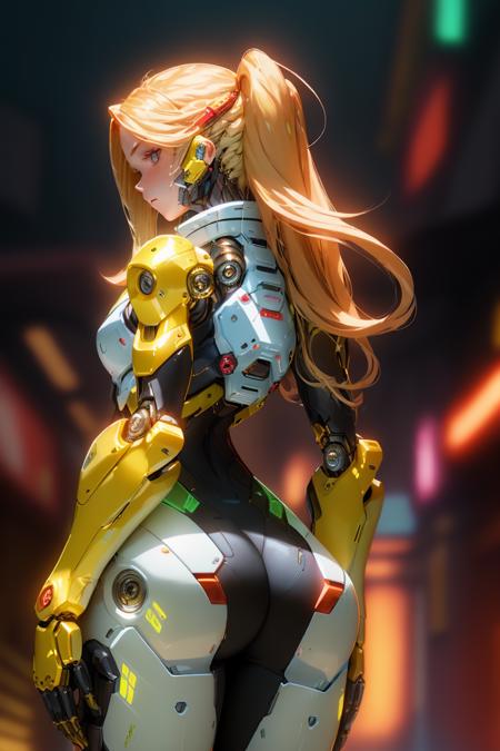 best quality, 1girl, android, cybersuit, upper armor, mechanical arms, long hair, blonde hair, standing, red background, looking at viewer, from behind, simple background, contrapposto  <lora:nijiarmor:1>