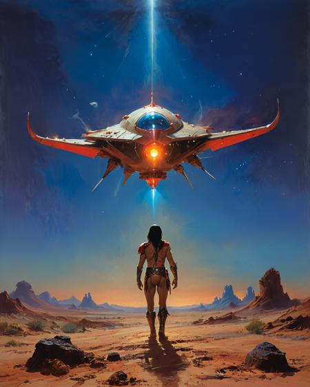 John Carter Warlord of Mars, sand, floating spaceship, Flash Gordon, pulp magazine,  blue hour, reflections, shine, glowing light, lora:add-detail-xl:0.75> <lora:xl_more_art-full_v1:0.5>