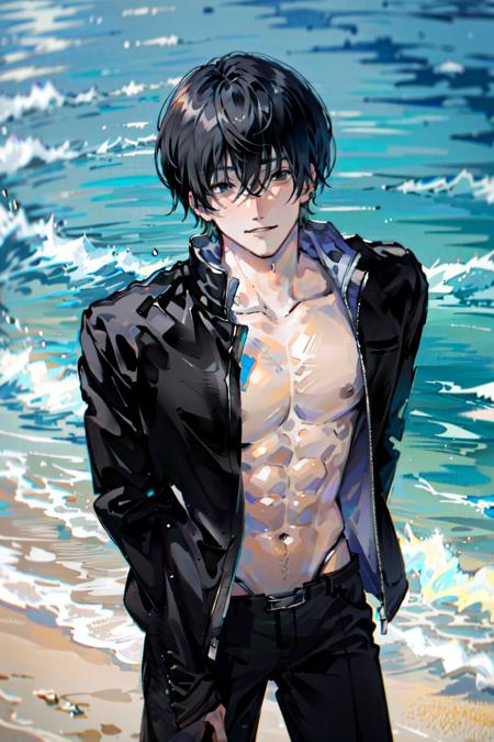 (masterpiece, best quality), illustration, <lora:yoshidahirofumi_csmv2:1>, yoshida_csm, crossed bangs, 1boy, beach, male swimwear, black swimwear, arms behind back, leaning forward, ocean, water, sea, ((pectorals, abs)), black jacket, cowboy shot, dutch angle,