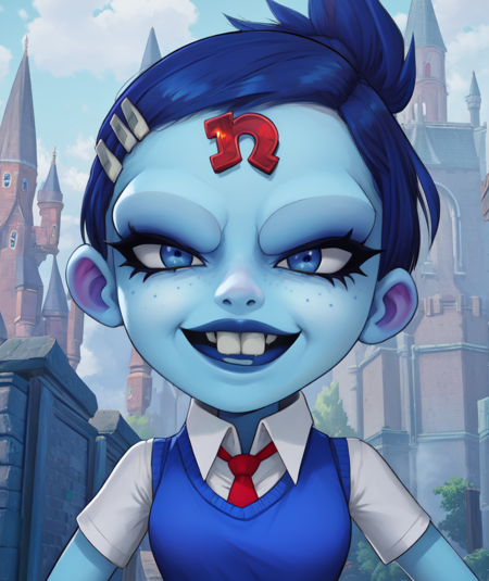 Nina,blue eyes,forehead jewel,blue skin,buck teeth,short blue hair,hairclip,
sweater vest,red tie,white collared shirt,short sleeves,skirt,smile,metal gloves,
standing,upper body,
night,evil castle,
(insanely detailed, beautiful detailed face, masterpiece, best quality)solo,<lora:NinaCortexNF:0.8>,