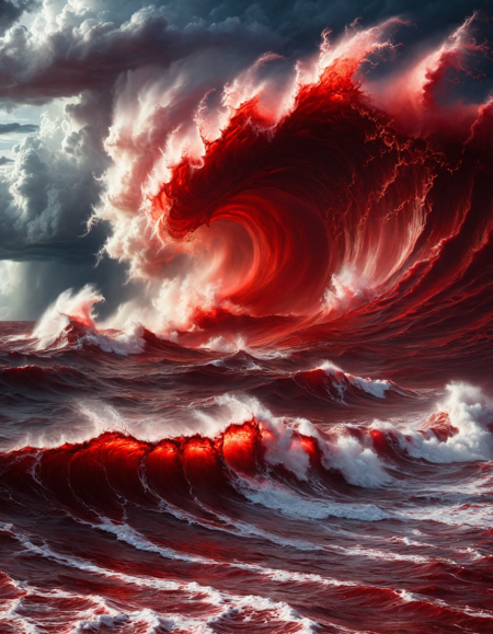 masterpiece, high quality, absurdres, best quality, very aesthetic, newest, cinematic lighting, epic ocean storm, gigantic blood-red wave crashing, deep crimson sea, foamy red spray, turbulent surface, glowing blood reflections, stormy sky, dramatic clouds, volumetric lighting, intense contrast, thunderstorm atmosphere, occult energy in the sky, dynamic motion, wind-swept scene, sea of blood, violent natural force, surreal oceanic horror, apocalyptic tone, (Blood for the Blood God:1.2), (blood:1.3), <lora:Blood for the Blood God:1>