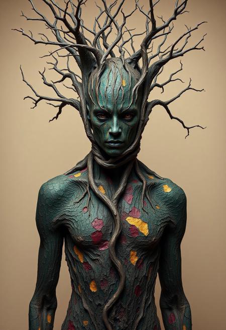 score_9, score_8_up, score_7_up, Subject: Human figure, abstract humanoid, nature entity Appearance: Covered in textured bark, skin resembling tree bark, mosaic-like colored patches Colors: Deep teal, muted red, earthy brown, golden-yellow highlights, natural tones Branches: Twisted, gnarled tree branches, wrapping and intertwining around the figure, emerging from the face and chest Eyes: Dark, glowing, subtle presence, hidden in shadows Pose: Frontal view, static and enigmatic, upright stance Atmosphere: Surreal, haunting, organic, blending human and nature Background: Minimal, neutral beige, emphasizing the figure Mood: Mysterious, primal, symbolic of growth, decay, and transformation Style: Dark fantasy, organic abstraction, detailed textures, ng_deepnegative_v1_75t, easynegative, verybadimagenegative_v1.3SplitStyle, ng_deepnegative_v1_75t, easynegative, verybadimagenegative_v1.3