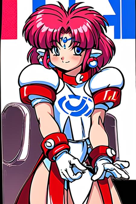 \yuuri(GOD)\ 1girl, gloves, blue eyes,  cape,facial mark, forehead mark,  red hair, short sleeves, red cape, smile, standing, 1990s (style), puffy sleeves, white gloves, bare legs, long hair,  pointy ears, retro artstyle, pink hair, shoes, short hair ,  