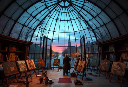 Middle Ages, vivid warm colors, asymmetric layout, suburbs, an interior of a grotesque building in a shape of huge dome made completely of glass, art studio inside the dome, large open glass gates in the dome, some  easels of different sizes placed haphazardly with colorful canvasses on them, cans and bottles with paints and spirits, rows of easels string out via the gates to the streets, red dusk outside the glassy dome, a teacher paints while his adepts watch