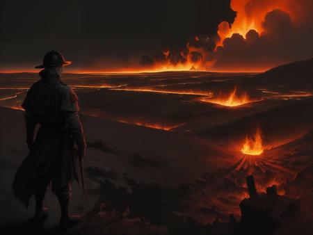 soldier portrait, horror battlefield landscape, Top view, (blood,:1.2), night, medieval city on fire in the background, wildfire, noir, art by giger, 8k, HD, HDR, ((best quality)), ((masterpiece)), ((realistic)), (detailed)