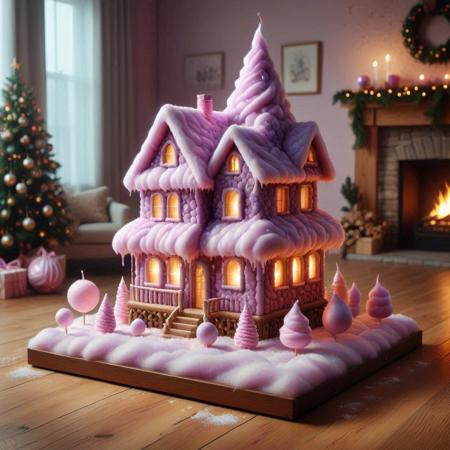 <lora:DiscoBallStyleSDXL:0.9><lora:CottonCandyStyleSDXL:0.9> Mauve and Tan DiscoBallStyle, CottonCandyStyle digital painting, realism, Christmas, holiday, toy village, miniature houses, snow, Christmas tree, ornaments, dripping candle, flickering flame, cozy, warm, nostalgic, night time, indoor, wood flooring, fireplace, blurred background, sharp focus on village and candle, soft lighting, vibrant colors, high quality, detailed, beautiful, artstation, concept art, illustration, artbook, wallpaper, promo art, dramatic lighting