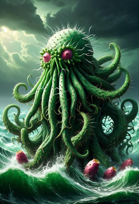 [Monster]monster cthulhu, cthulhu, in a maelstrom, in the sea and whitewash, tech  <lora:Prickly Pear Style v1:1>, Prickly Pear Style,