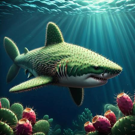 Shark deep under water  <lora:Prickly Pear Style v1:1>, Prickly Pear Style,