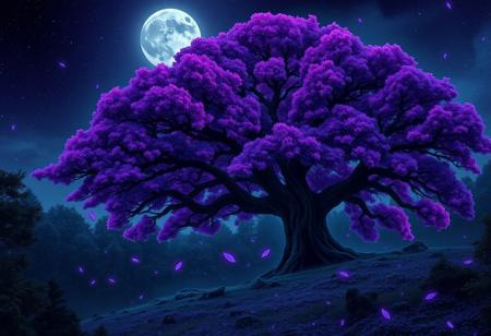 A giant oak tree, with purple-indigo leaves, on the side of a hill in a mystical forest, during night, with violet-tinted leaves of light floating around the tree. Surrounded by a forest of smaller trees. Colourful, saturated colours, dark, fantastical, bioluminescence. Moonlit night with stars and constellations