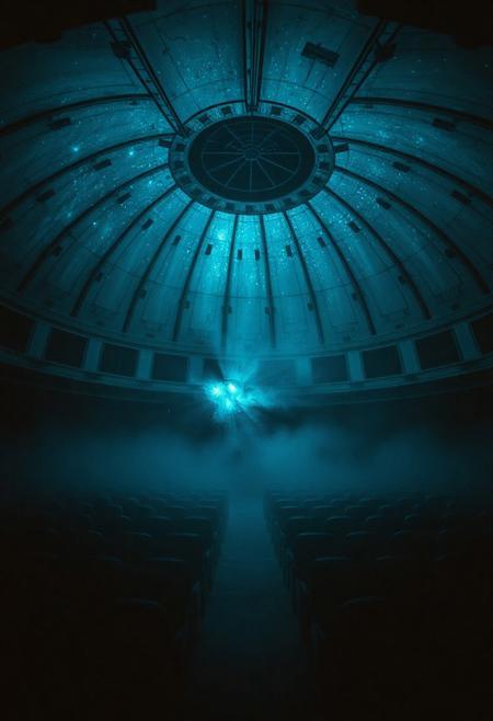 Inside a dusty, forgotten planetarium — bathed in dark blue light from an old projector. Star maps flicker across domed ceilings through the mist. Rows of empty seats dissolve into shadow. A slow circular dolly reveals faded constellations dancing across fog. Surreal and still. Film grain, dream logic, One Heart composition