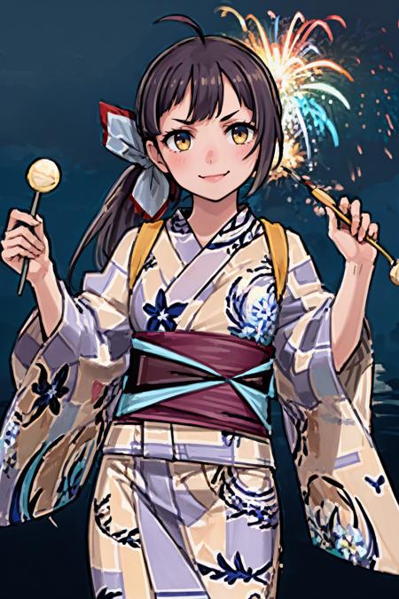 (masterpiece, best quality:1.2), solo, 1girl, fujinamisummer, smile, looking at viewer, ahoge, side ponytail, hair ribbon, japanese clothes, yukata, floral print, sash, obi, fireworks  <lora:kancolle_fujinami:0.8>