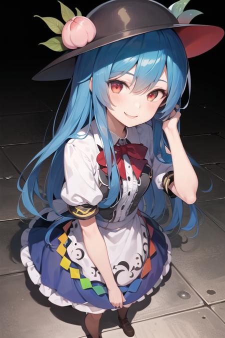 2d, 1girl, masterpiece, best quality, anime, highly detailed eyes, highly detailed face, highly detailed background, perfect lighting,  straight-on,standing , full body , hinanawi tenshi ,smile ,red eyes , looking_at_viewer,