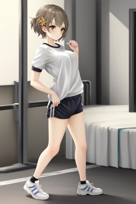 1girl, beautiful face, buruma, solo, shoes, gym_uniform, sneakers, shirt, full_body, !, short_sleeves, short_hair, simple_background, white_background, standing, socks
high detail,Cinematic light, intricate detail,highres, high detail,detailed,best quality,