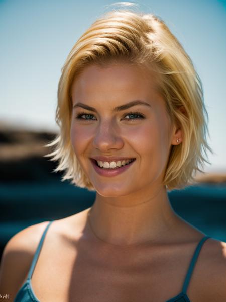 Realistic photo of a beautiful 3l1sh4c-v1 woman,  1girl, solo, looking at viewer, smile, short hair, blue eyes, blonde hair, simple background, bare shoulders, upper body, teeth, grin, lips, red background, realistic, soft lighting, professional Photography, Photorealistic, detailed, RAW, analog, sharp focus, 8k, HD, DSLR, high quality, Fujifilm XT3, film grain, award winning, masterpiece<lora:3l1sh4c-v1:1.0>