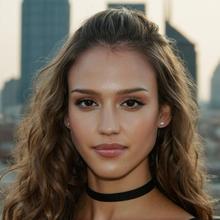 (Skin Texture, pores, natural,iPhone,RAW)), natural lighting, Highest Quality closeup Portrait photo of a woman with long wavy hair,black thin choker, clear lipgloss, Nikon Z9, realistic matte skin,  blurry city in the background, 8K, symmetric, whole face,   <lora:jesalba_xl_1_standard_merger_29_60_83_05_02_03:1>