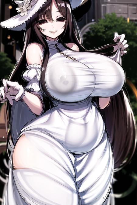 (solid eyes), hachishakusama, black eyes, smile, dress, large breasts, wide hips, tall female, white hat, white dress, night, looking at viewer, <lora:Solid Eyes V1:0.6>, <lora:hachishakuSamaLORA_v4:0.6>