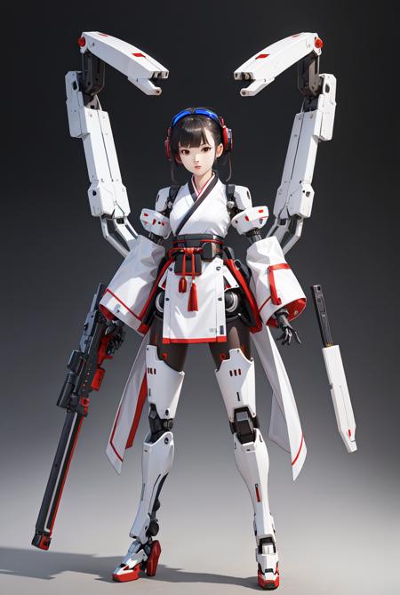 best quality, high_resolution, distinct_image, detailed background ,hanbok,fused robot,girl,holding weapon,mecha musume:0.5, in factory,exoskeleton,