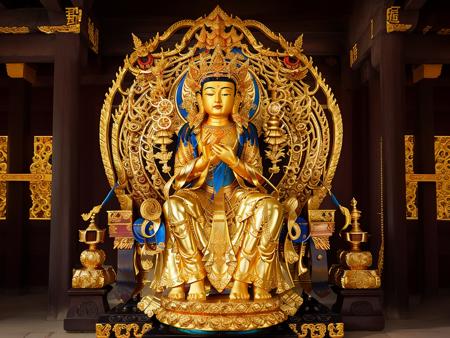 a statue of a Maitreya Bodhisattva sitting on a throne, digital painting of a pagoda, river flowing beside the robot, a beautiful buddhist mandala, images on the sales website, robes with golden characters, within a lake, photorealiste, featured art, listing image