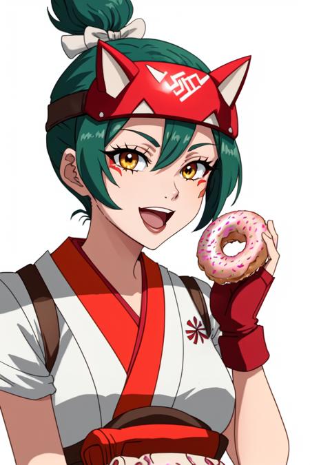 mature woman, (1girl:0.5), masterpiece, (anime screencap), kiriko \(overwatch\), <lora:Kiriko-20:1>, green hair, facial mark, holding doughnut, portrait, open mouth, smile, hair bow, white bow, heart, ponytail, fingerless gloves, japanese clothes, brown eyes, mask, upper body, doughnut, solo, red gloves, kimono, white background, looking at viewer, white kimono, orange eyes, bow, facial mark, holding food, simple background, food, gloves, fox mask