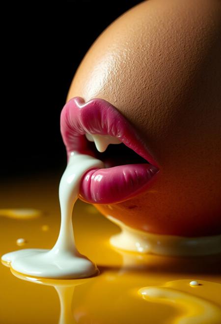 Close-up of a large brown chicken egg with a woman's full, lush lips painted in pink, thick white oil dripping from her mouth, spilling threads and drops onto a golden floor, dark environment, side lighting, high contrast, hard shadows, surrealism, slimy and oppressive feeling, well-balanced set, white and blue tones, hyper-detailed, hyper-realistic, 3D