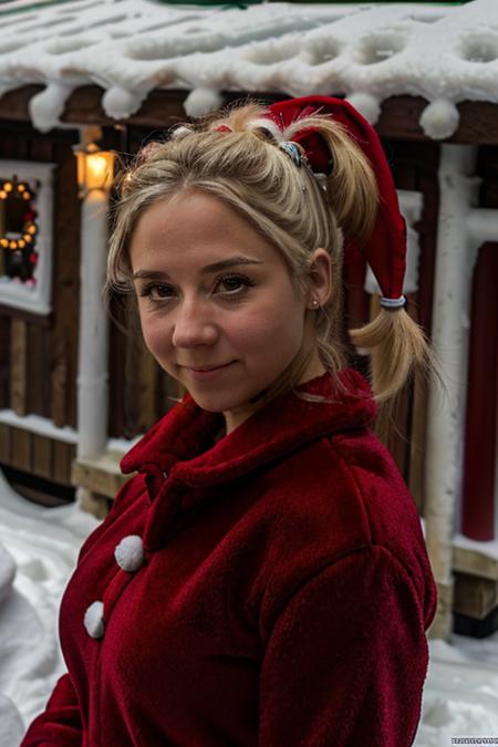 mrs santa claus, santas grotto, north pole, elves, snowmen, candy canes, snow, icicles,  <lora:Sarah_Jane_Honeywell:1> masterpiece, best quality, detailed face, 1girl, solo, a young sj1873h, blonde_hair pony tail
