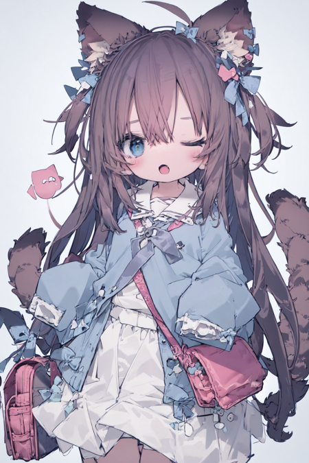 best quality, masterpiece, extremely detailed, detailed background, best quality, masterpiece, extremely detailed, detailed background, 1girl, animal ears, one eye closed, long hair, blue eyes, tail, brown hair, animal ear fluff, solo, tail ornament, bow, open mouth, hair bow, very long hair, white background, looking at viewer, tail bow, skirt, bag, shoulder bag, white skirt, bangs, blue bow, hair between eyes, sleeves past wrists, long sleeves, cat tail, cat ears, fang, ;o, dress, kindergarten uniform, pleated skirt, cat girl, sleeves past fingers, ribbon, simple background, tail ribbon, blush, blue shirt