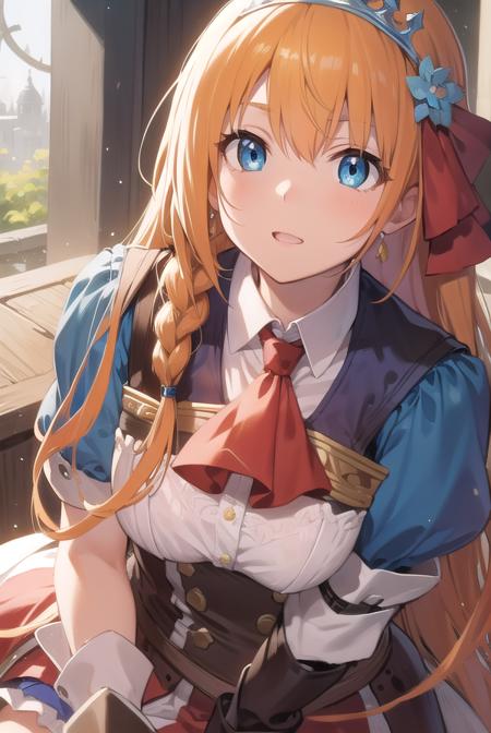 pecorine, blue eyes, hair ornament, long hair, orange hair, tiara, braid, hair braid, arm belt, armor, ascot, blue socks, boots, dress, gloves, hair ornament, open clothes, open dress, pauldrons, pleated skirt, puffy short sleeves, puffy sleeves, red ascot, red skirt, short sleeves, shoulder armor, single pauldron, skirt, socks, white dress, white footwear, white gloves,