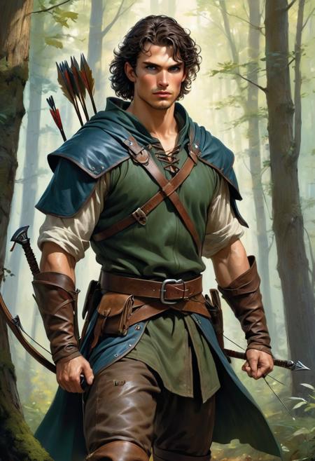 art by Aleksi Briclot and Greg Rutkowski of a striking and charismatic figure. He has a lean, athletic build, indicative of his agility and skill as an archer and swordsman. characterized by his dark, wavy hair, often tousled and shoulder-length, which frames his youthful, handsome face.
His eyes are a piercing blue, exuding a mix of intensity and a hint of mischief, reflecting his daring and rebellious nature. His facial features are finely sculpted, with high cheekbones and a strong jawline, enhancing his heroic and romantic appeal.
His attire is practical yet iconic, suited for his life in the forest. He typically wears a simple, dark green tunic, complemented by leather bracers and a belt. His pants and boots are sturdy, designed for mobility and stealth in the woodland environment. Over his tunic, he often dons a cloak, which adds to his enigmatic presence.
He carries a longbow, his signature weapon, along with a quiver of arrows slung across his back. he carries a sword, further emphasizing his readiness for combat. The overall look is rugged and timeless, capturing the essence of the legendary outlaw who stands against tyranny and fights for justice. He combines physical grace with a commanding presence, the scene should capture the essence of medieval swashbuckling adventure with artistic detail, ink drawing,  advntr, bad_prompt_version2, negative_hand, ac_neg1