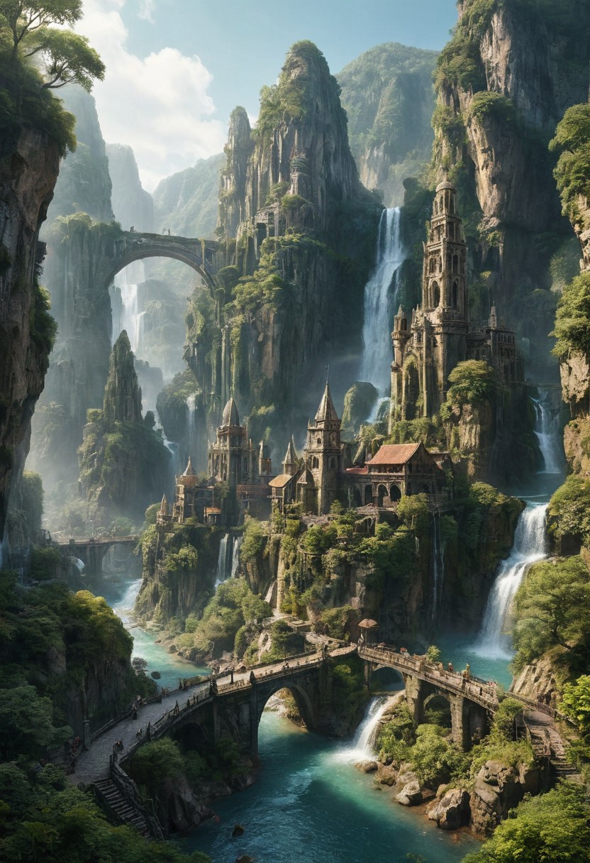 A grand, majestic fantasy city carved into a mountainside with intricate architectural designs. The city features multiple domed buildings, towering statues, and a large bridge connecting different parts of the city. The scene is set in a lush landscape with rocky cliffs and waterfalls, creating a sense of awe and wonder.