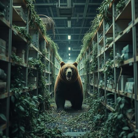 A grizzly bear is lost in endless SCP IKEA that's been invaded by nature and overgrown., liminal space, eerie, dramatic, high contrast, highly detailed, cinematic color grading.