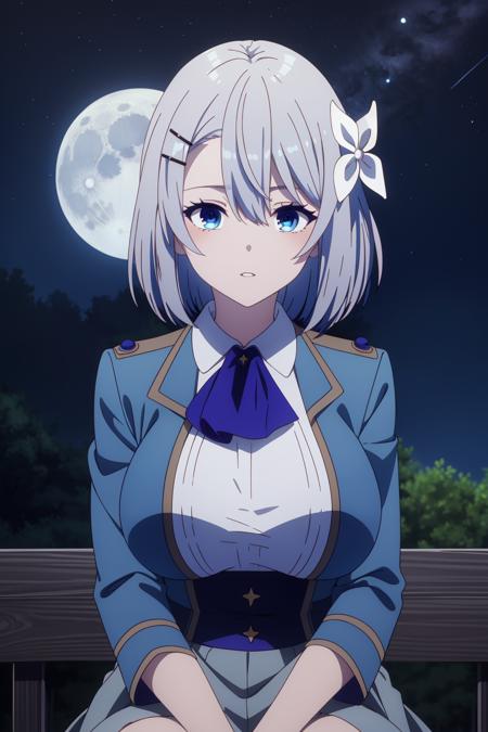 masterpiece, best quality, highly detailed, sakunamem, blue eyes, grey hair, short hair, hair between eyes, hair flower, hair ornament, hairclip, large breasts, parted lips, white shirt, blue ascot, blue jacket, collared shirt, grey skirt, outdoor, sitting, night, star, moon, dark sky, beautiful background, <lora:sakuna-03:1>