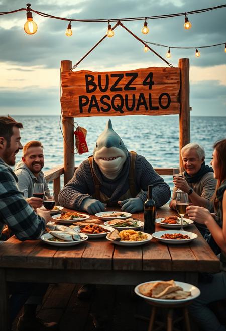 An Italianized humanoid shark named ‘Pasqualo,’ with a muscular body, gray shark-like skin, and sharp teeth, sits at a large wooden table on a seaside pier during sunset. He has black eyes, a prominent dorsal fin, and a friendly grin. Dressed in a rugged fisherman’s outfit, including a weathered wool sweater, rolled-up pants, and boots, Pasqualo blends seamlessly into the scene with his human fisherman friends. They laugh and chat around the table, their sun-baked skin and salt-worn clothes reflecting a life spent at sea.
The table is covered with rustic Italian seafood dishes: grilled fish, steaming bowls of pasta, crusty bread, and wine bottles. Half-filled glasses suggest recent toasts, and plates are scattered in a laid-back, festive atmosphere. Overhead, warm string lights cast a golden glow on the gathering.
In the background, a large wooden sign, slightly worn and hand-painted, reads ‘BUZZ 4 PASQUALO.’ It’s mounted on a weathered post with a couple of seagulls perched on top. The sea behind them is calm, with fishing boats gently rocking in the harbor. The setting captures the authentic feel of an old Italian coastal town, with Pasqualo smiling and enjoying the meal with his closest friends, blending the fantastical with the familiar and realistic