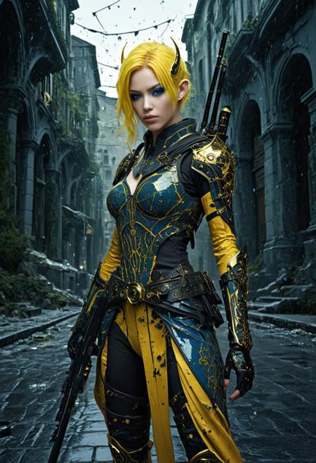 Blame! by Tsutomu Nihei see through, elven ears, curvey, full body, xmastedx, yellow hair, futuristic armor, pulse rifle, blue makeup, gray assassin, mandala, geometry, looking at viewer, katana, black oil splatter, is standing infront of a roman streets, 
STX&ChrisAncntRomeStrts, 
golden plated cables everywhere, translucent glass head, gears in background, black oil splatter, green everywhere, symbiotic everywhere, insects everywhere titanium everywhere, electric everywhere, easynegative, ng_deepnegative_v1_75t