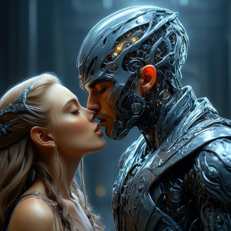 brutal biomechanical cyborg man kissing a beautiful elven queen, magical, sci-fi, beautiful, unimaginable, 
very dramatic, naturalistic, photorealistic, highly detailed digital art, science vs fantasy, 
accurate intricate and realistic anatomy, 
soft lighting, Cinematic, Color Grading, Editorial Photography, volumetric lighting, atmospheric, Photography,