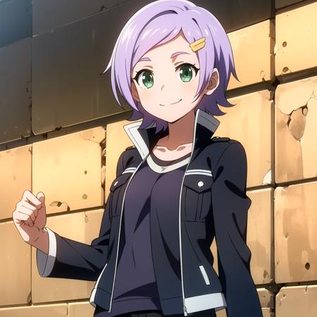 1girl, solo, smile, short hair, hair ornament, green eyes, light purple hair,open clothes, black shorts, shirt, short shorts, black shorts, jacket, upper body, <lora:Goll:0.6>