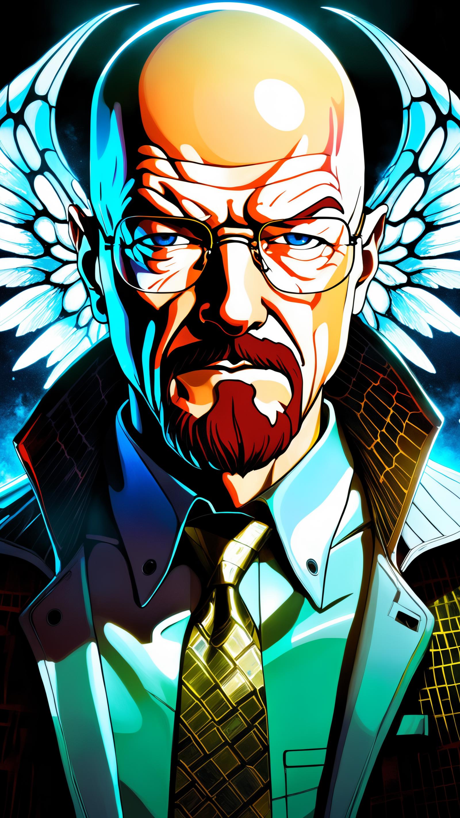 A digital painting of a man with a red beard and a red mustache, wearing a suit and tie, with a winged design in the background.