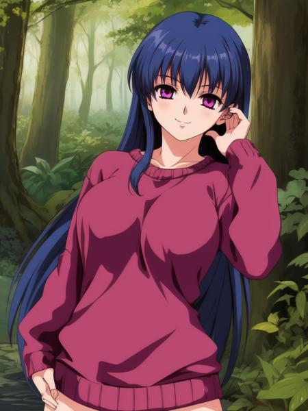 Sonya, 1girl, soro, long hair, large breasts, blue hair,  bangs, red eyes, purple eyes.