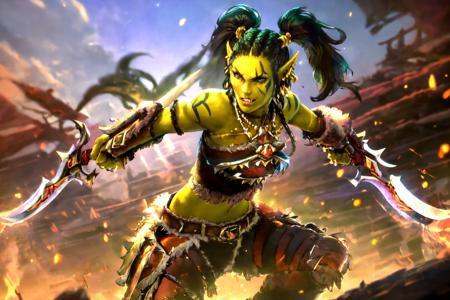 1girl, green skin, pointy ears, short hair, twintails, tusks, orc, braid, armor, facial mark, tattoo, earrings, pants, belt, necklace, breastplate, fur trim, bare shoulders 1girl, long hair, braid, armor, pauldrons, facial mark, green skin, orc, dreadlocks, vembraces, cuirass, belt, black pants, tusks 1girl, long hair, dreadlocks, braid, boots, green skin, facial mark, pointy ears, orc, crop top, loincloth, tusks, necklace, choker 1girl, green skin, pointy ears, long hair, dreadlocks, green skin, tusks, orc, braid, armor, facial mark, tattoo, earrings, pants, belt, necklace, bikini, gauntlets, fur trim, shoulder pads, spikes
