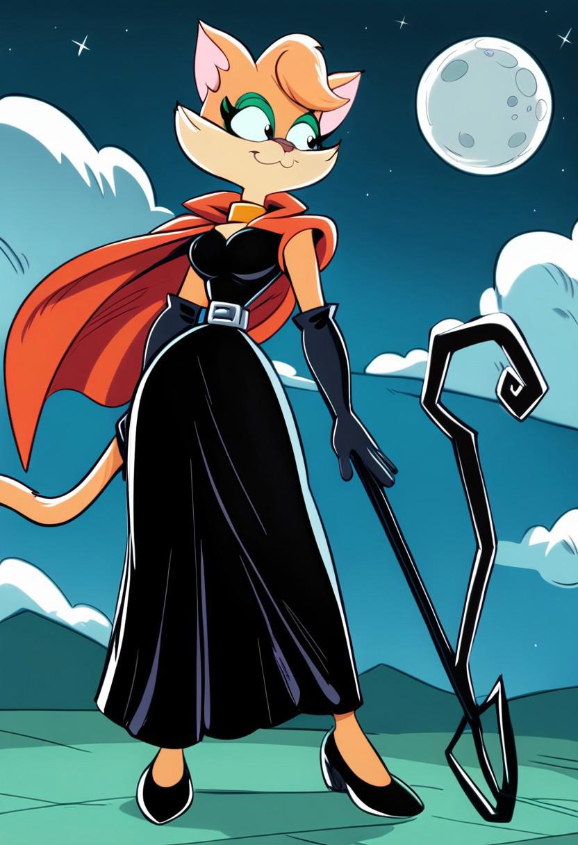 score_9, score_8_up, score_7_up, score_6_up, score_5_up, score_4_up, retro artstyle, BREAK 
Tabitha_Fantomcat,cat girl,short hair,1girl, solo, dress, hood, staff, black dress, holding, cloud, cape, gloves, moon, furry, long dress, hood up,cat tail, holding staff, furry female, sky, elbow gloves, full body, black gloves 
<lora:tabitha-v1:1>