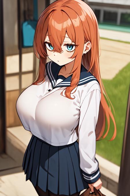 komaro, blue eyes, orange hair, bags under eyes, bangs, hair between eyes, long hair, long sleeves, school uniform, serafuku, sailor collar, (white shirt:1.2), pleated skirt, black pantyhose, <lora:komaro_lora_ver1:0.8>
large breasts,, best quality, masterpiece, highres,