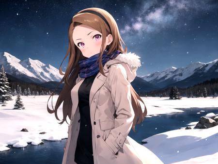 masterpiece, best quality, 1girl, solo, dsiori, brown hair, long hair, pink eyes, small breasts, hairband, winter coat, scarf, outdoors, mountains, winter, snow, night sky, detailed background, cowboy shot
 <lyco:dsiori_lc_768:1>