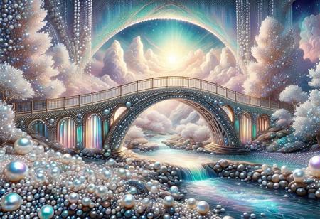 Concept: Pearlum, bridge, fantasy, opalescence, splendor, imagination, divine, texture, magic, landscape.
Core Elements: bridge structure, shimmering surfaces, opalescent glow, ethereal light, pearl-infused environment.
Atmosphere/Mood: majestic, divine, mystical, serene, awe-inspiring, ethereal, boundless.
Setting Details: a magnificent bridge, spanning a vast chasm or ethereal river. Its surface shimmers with opalescent light, reflecting the celestial environment. No human presence.
Central Figure Details: bridge. Its arches and pillars, not just stone, but alive with shifting opalescent colors, like solidified liquid pearls. Railings, intricate, glowing with inner light. Surface, smooth, reflecting sky. Embodies splendor, imagination, magical opalescence, revolutionizing texture, a path to the divine.
Lighting: soft, ethereal light, reflecting off opalescent surfaces. Shimmering glows. Emphasizes shifting colors, divine presence.
Composition: landscape, sweeping view, central focus on the bridge. Background: celestial sky, pearl-infused clouds/mountains/river.
Color Palette: dominant iridescent whites, creams, soft blues, pinks, purples from opalescence. Accents of deep golds, silvers. Luminous glows. Ethereal, harmonious, fantastical.
Quality: Pearlum, photorealistic, ultra detailed, magical realism, enchanting atmosphere, visually striking, hyperrealistic, fantasy, bridge.