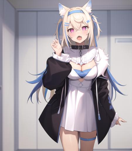 task(9nmn948k0ph1c1k)  <lora:Fuwawa Rev 1:0.7> solo, Fuwawa, Long hair, Blue highlights, Blonde Hair, Red Eyes, large breasts, Dog Ears, virtual youtuber, 1girl, animal ears, multicolored hair, solo, blonde hair, chain, open mouth, fang, collar, blue hair, streaked hair, hair ornament, bangs, long hair, eyebrows visible through hair, animal ear fluff, breasts, two-tone hair, purple eyes, red eyes, jacket, cat ears, hairband, hairclip, sidelocks, medium breasts, pink eyes, shirt, cleavage, open jacket, blush, looking at viewer, open clothes, black collar, long sleeves, clothing cutout, tail, dress, white shirt, frills, hair between eyes,